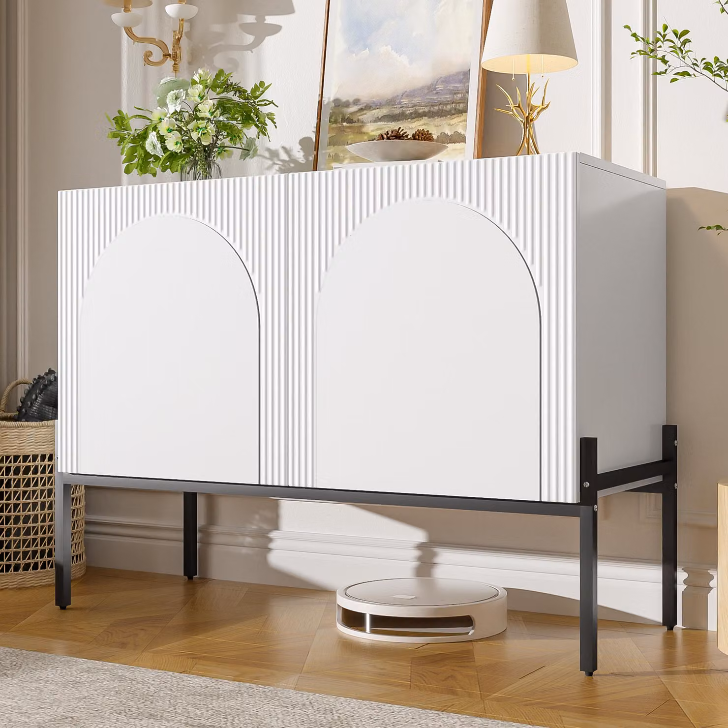 Mobile contenitore laterale Merax con 2 ante, credenza con gambe in metallo, mobile buffet con design ad arco, armadio contenitore per soggiorno, sala da pranzo, ingresso, bianco