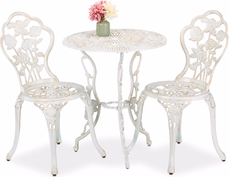 Set di mobili da giardino Relaxdays, 3 pezzi, tavolo e 2 sedie, mobili da balcone in stile vintage, fusione di alluminio, salottino da giardino, bianco/bronzo