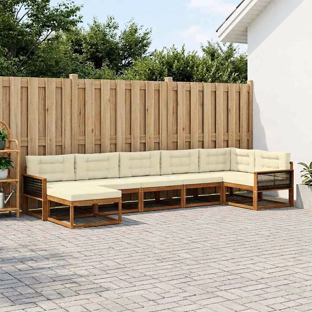 Set di divani da esterno vidaXL a forma di L in legno di acacia con cuscini, beige e bianco, 7 pezzi
