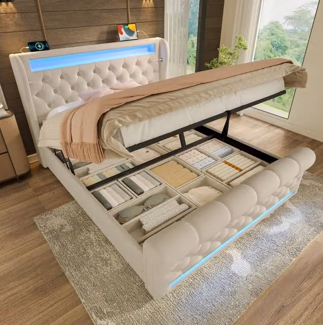 Letto imbottito matrimoniale beige 140x190 cm con LED, porta USB e Type-C, contenitore idraulico in velluto senza materasso