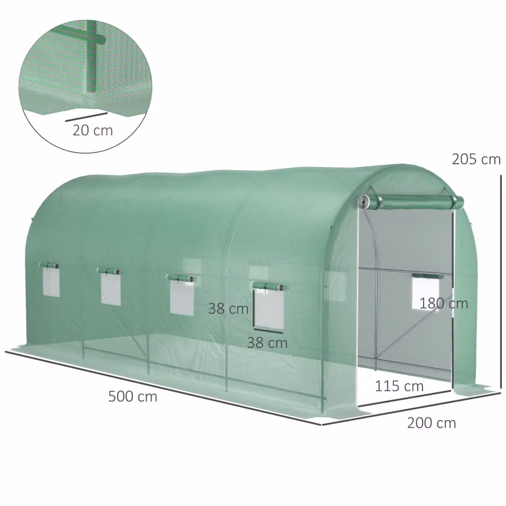 Serra tunnel da giardino in acciaio con copertura verde e finestre per la protezione delle piante L: 500 cm, P: 200 cm, H: 205 cm – 2