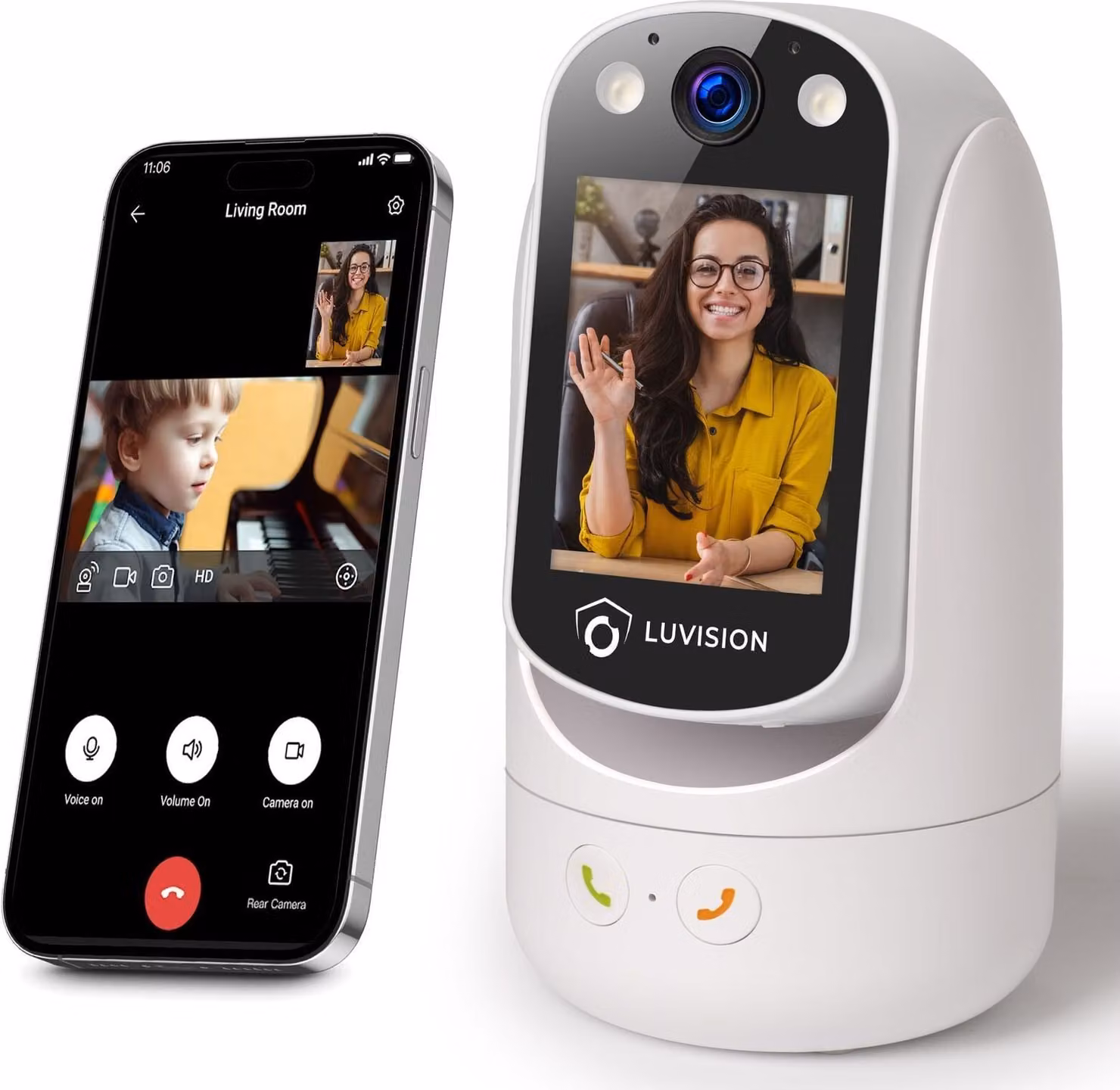 LUVISION Telecamera PTZ con interfono, telecamera per videochiamate, telecamera per telefono, telecamera di sorveglianza Wi-Fi, ideale per anziani e per la sorveglianza di bambini, con funzione di tracciamento automatico