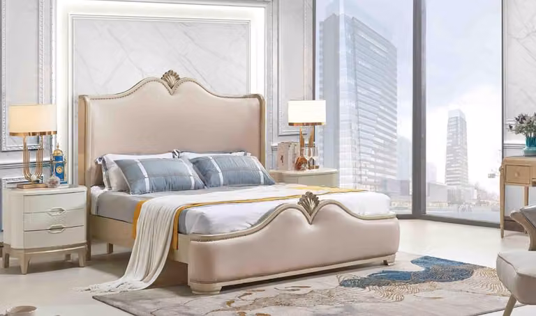 Bettgestell Betten Doppel Bettrahmen Holz Beige Bett Luxus Möbel Doppelbetten