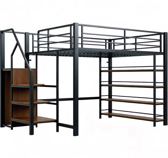 Letto a soppalco REDOM in metallo nero con scala contenitore e cassetti L/P: 140 x 200 cm – 1