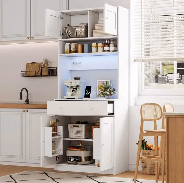 Mobile da cucina alto con LED RGB; prese; cassetto e ripiani; MDF bianco; 72 × 40 × 180 cm