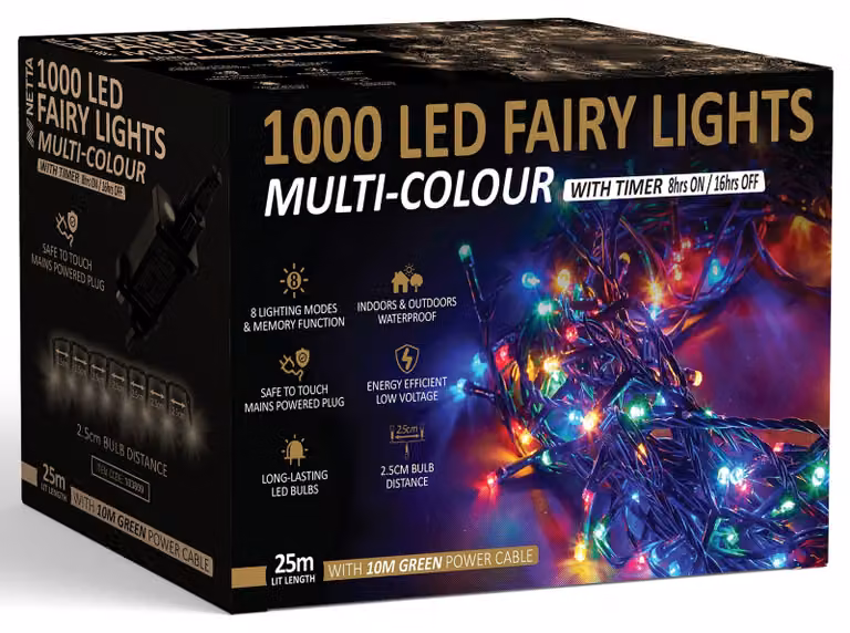 Catena luminosa con 1000 LED, lunghezza 25 metri, multicolore, con timer e funzione di memorizzazione