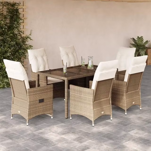 Set da pranzo da giardino vidaXL in polyrattan con cuscini beige e piano in vetro, 7 pezzi