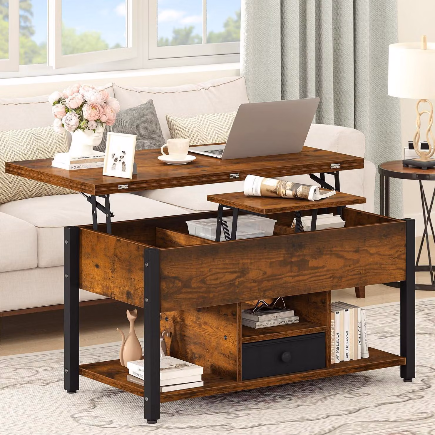 Tavolino sollevabile con vani contenitori e funzione da tavolo da pranzo, colore marrone rustico, dimensioni 90 x 47,8 x 47,5–61,7 cm