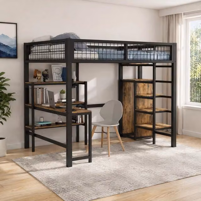 Letto a soppalco 140x200 cm in metallo e MDF con scrivania, armadio e scaffali nero/marrone