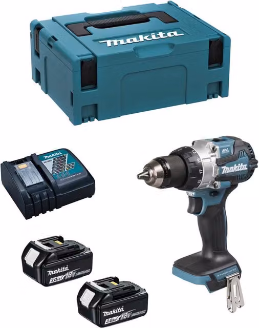 Trapano a percussione Makita DHP489RFJ con 2 batterie da 3,0 Ah, caricabatterie DC18RC e sistema di contenimento MAKPAC 2 – 1