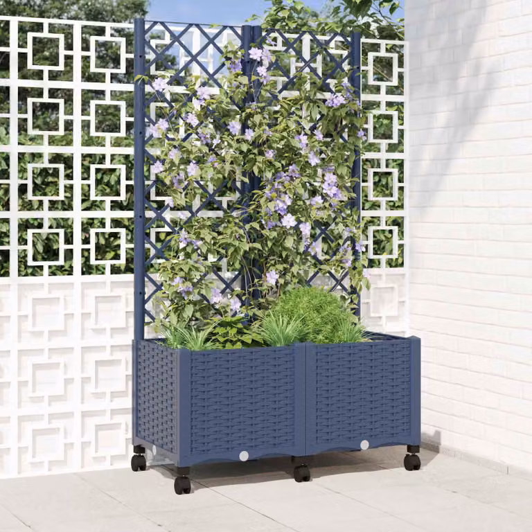 vidaXL Vaso da giardino con grigliato e ruote in plastica Blu Grigio