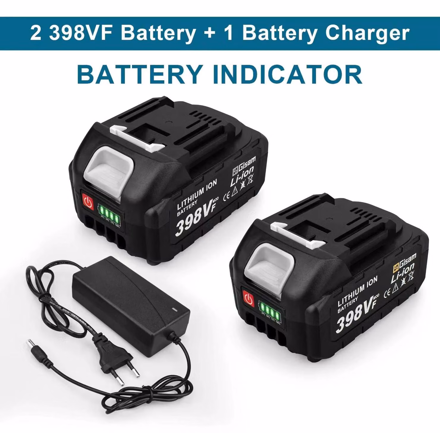 Pacchetto batterie per utensili elettrici - Batteria agli ioni di litio 398VF + caricabatterie - 2 batterie 398VF, 1 caricabatterie - Sistema da 18 V - - Marrone