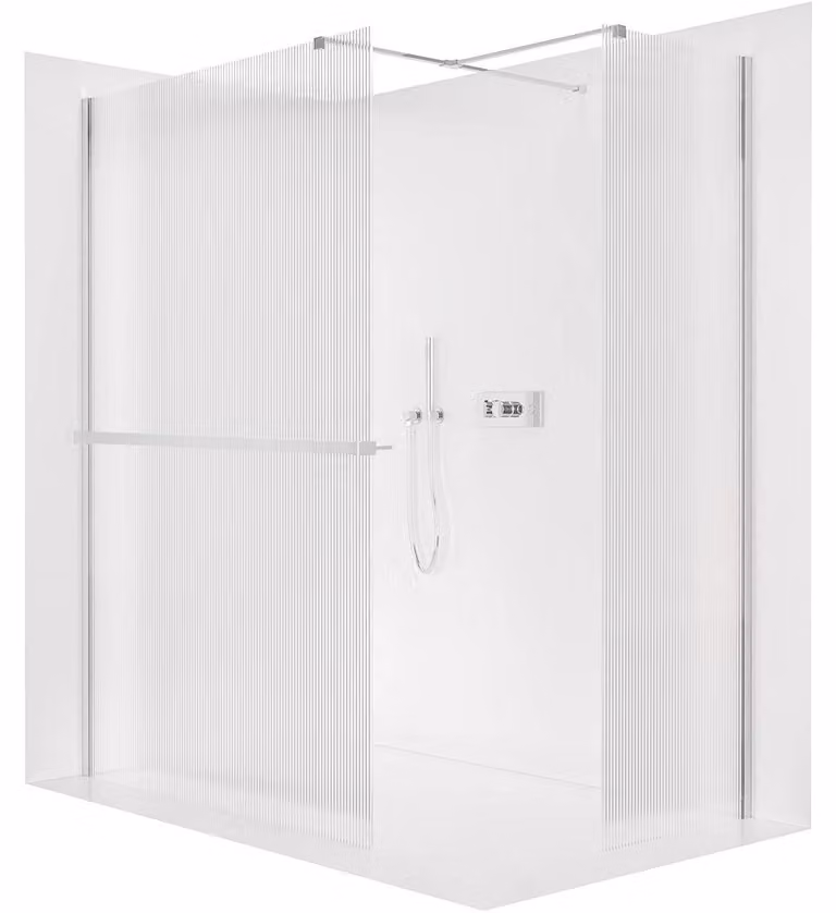 Pannello doccia walk-in Onyx T, destro/sinistro - 8 mm - profilo squadrato + ripiano/portasciugamani - cromato, vetro smerigliato - 160x150x200 cm