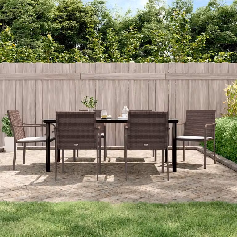 Set da pranzo da giardino vidaXL in polyrattan e vetro con 7 pezzi disponibile in marrone, nero o bianco
