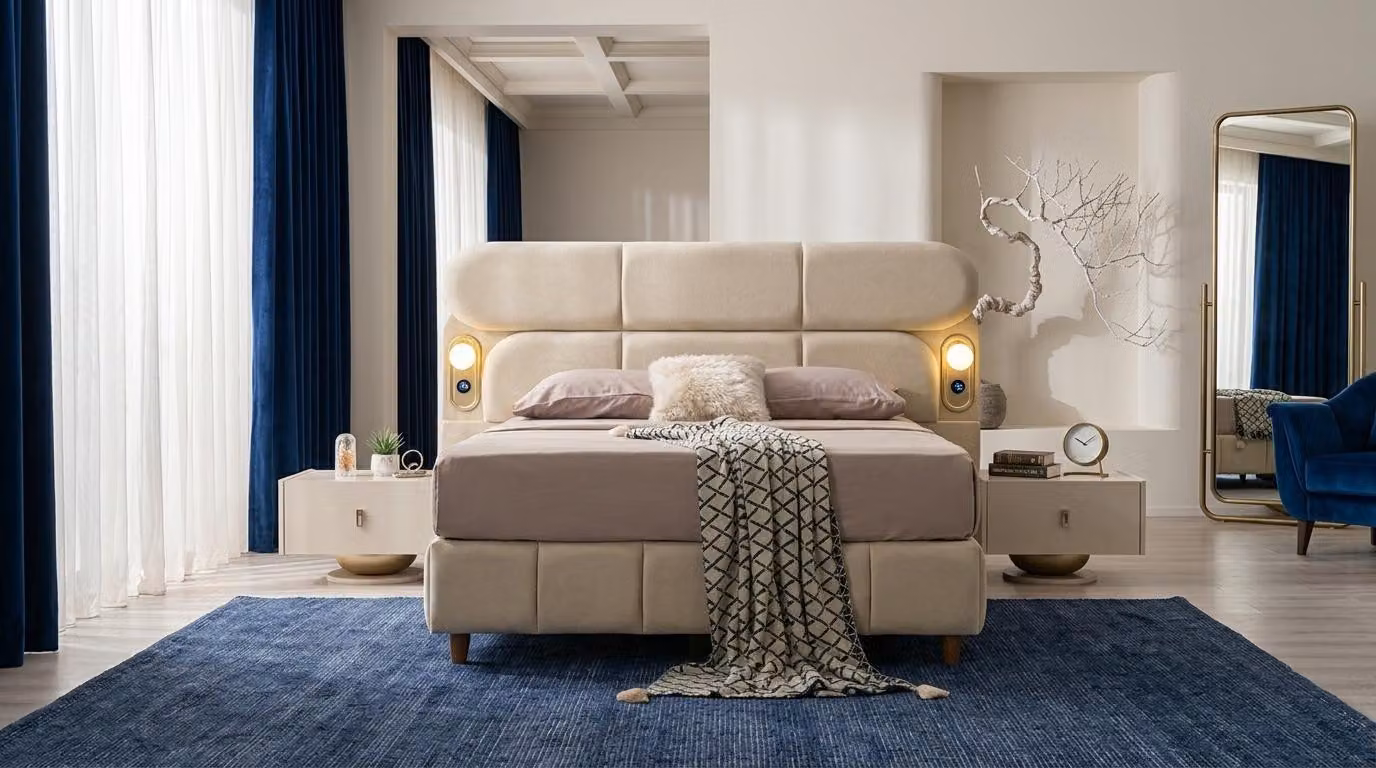 Set per camera da letto: letto, testiera, 2 comodini, design moderno, colore beige, materiali morbidi, con porta USB