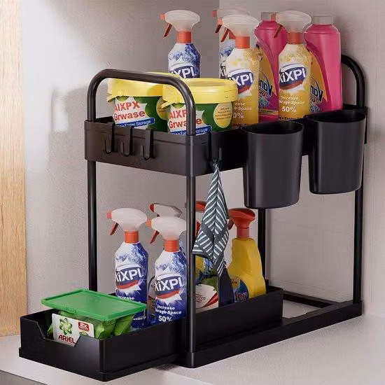Organizer nero a 2 ripiani con 4 ganci e 2 vaschette