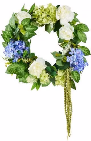 Ghirlanda Decorativa Artificiale VEVOR con Fiori, Ortensie, Rose e Bacche, Colore Blu, Bianco e Verde, Diametro: 58,42 cm