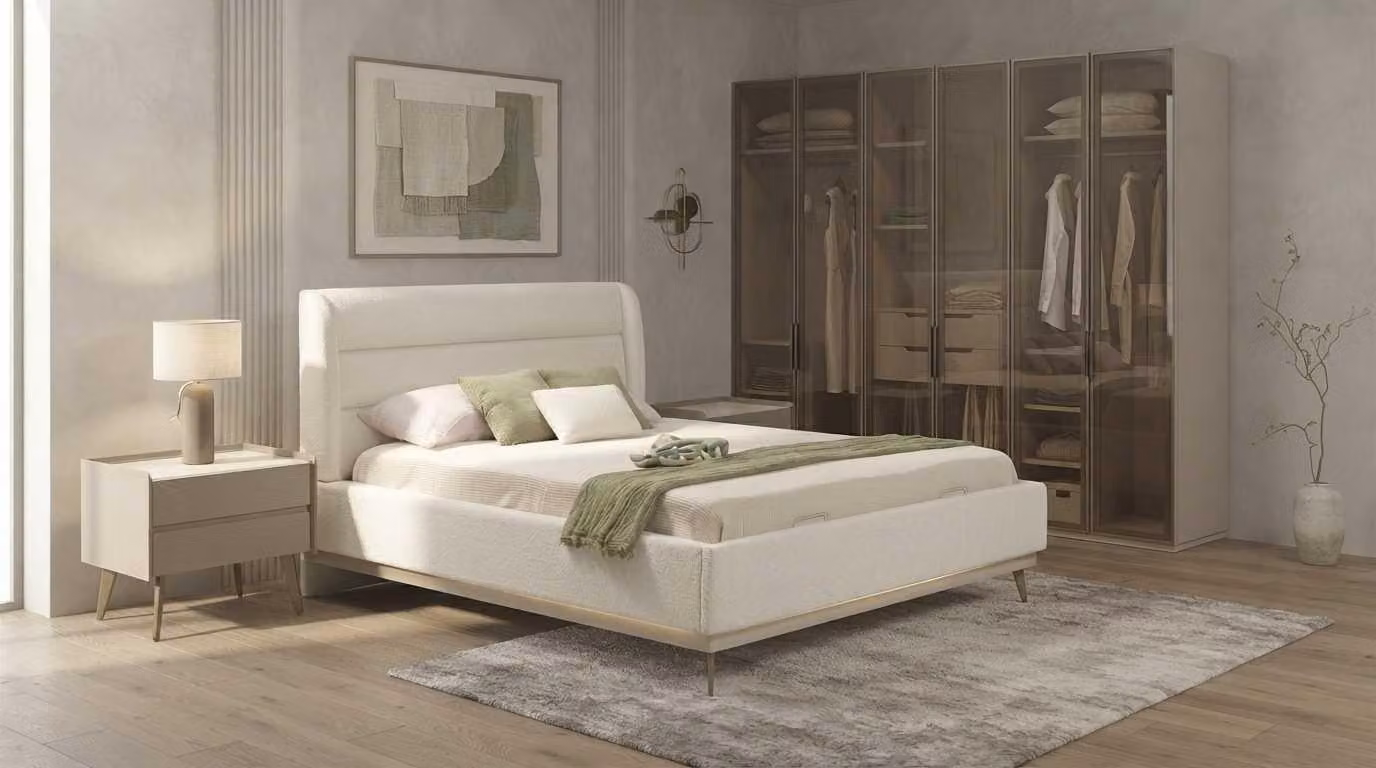 Set per camera da letto beige, moderno, letto, armadio, comodini