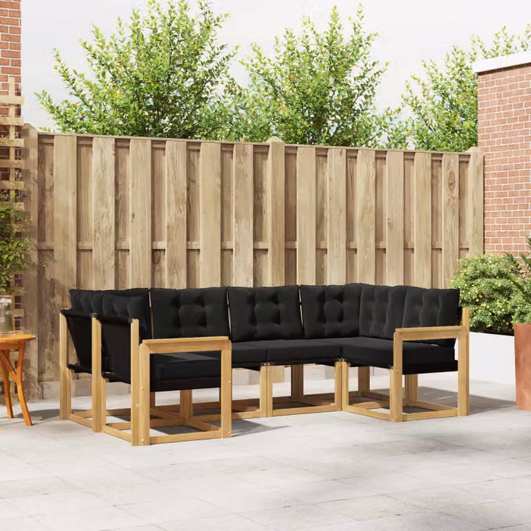 Set di divani da esterno vidaXL a forma di L composto da 6 pezzi in legno di acacia con cuscini bianchi e neri