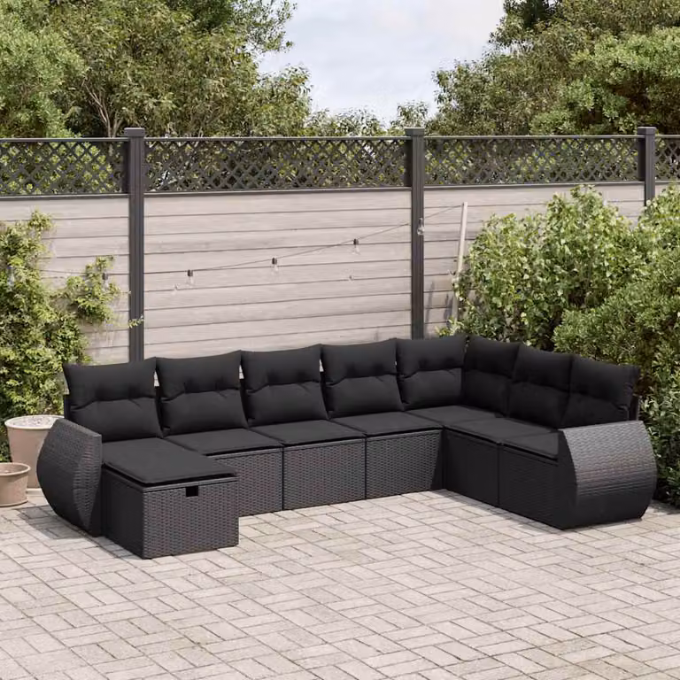 Set Divani da Giardino a L vidaXL in Polyrattan Nero con 8 Cuscini e Ottoman