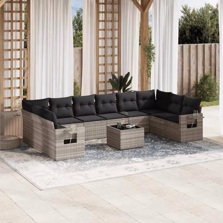 vidaXL Set Divani da Giardino 11 pz a Forma a L in Polyrattan Grigio con Cuscini e Tavolino