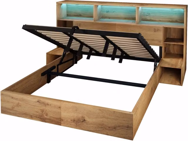 Letto matrimoniale 180x200 cm in legno effetto quercia con contenitore idraulico, comodini integrati, luci LED e porte USB-C