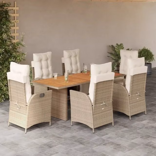 Set da Pranzo da Giardino vidaXL in Polyrattan e Legno di Acacia con 7 Cuscini Beige e Bianchi – 1