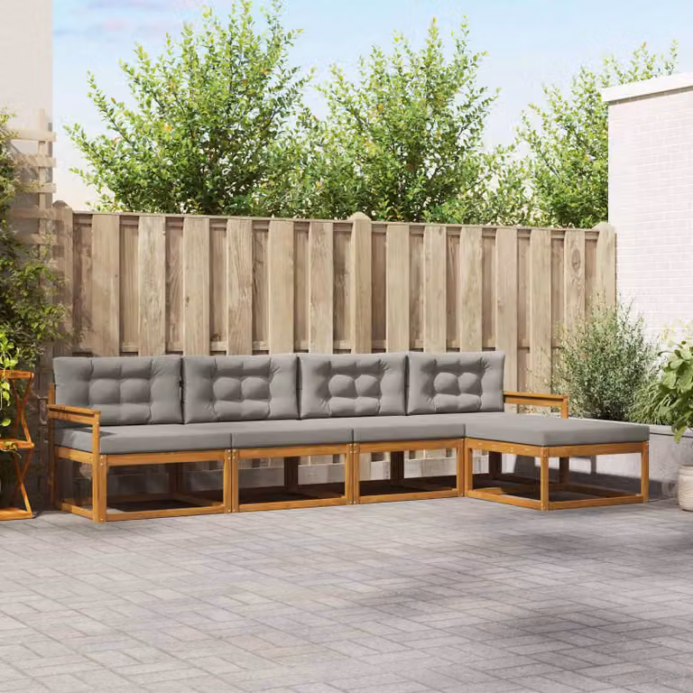 Set di divani da esterno a L vidaXL in legno di acacia con pouf e cuscini, Grigio e Marrone