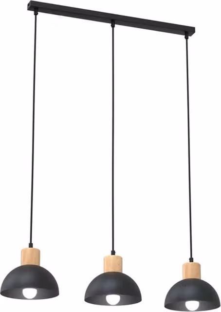 Lampada a sospensione Nordica Tethys Luceart-Classic con 3 luci a cupola in acciaio nero e legno naturale con altezza regolabile