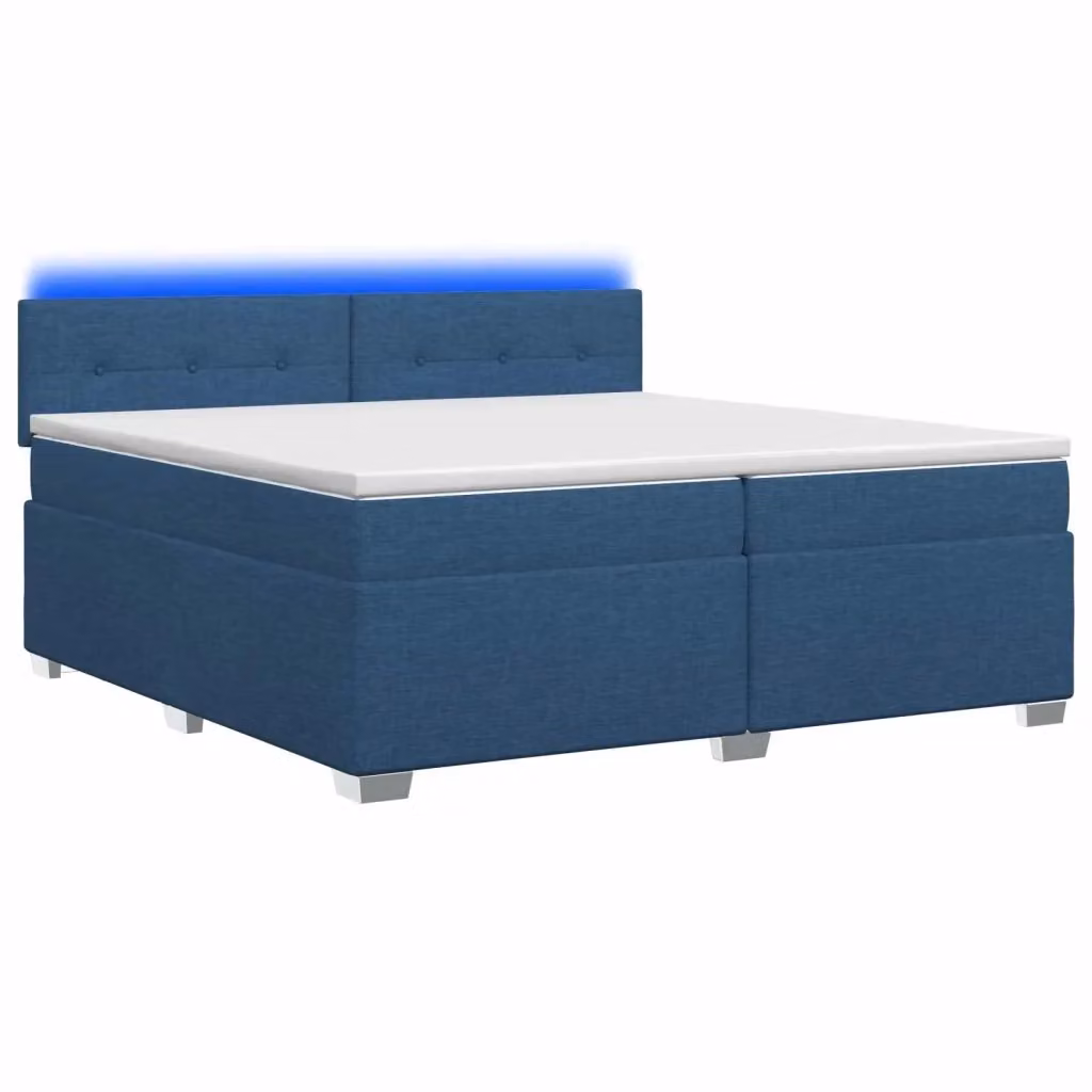 Letto Box Spring vidaXL con Materasso Ibrido, Illuminazione LED Blu e Porte USB, Rivestimento in Tessuto Bianco e Blu, L/P: 200 x 200 cm – 2