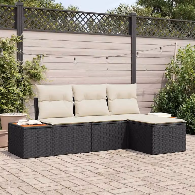 Set Divano da Giardino a L vidaXL 4 Pezzi Nero con Cuscini e Ottoman in Polyrattan e Acciaio