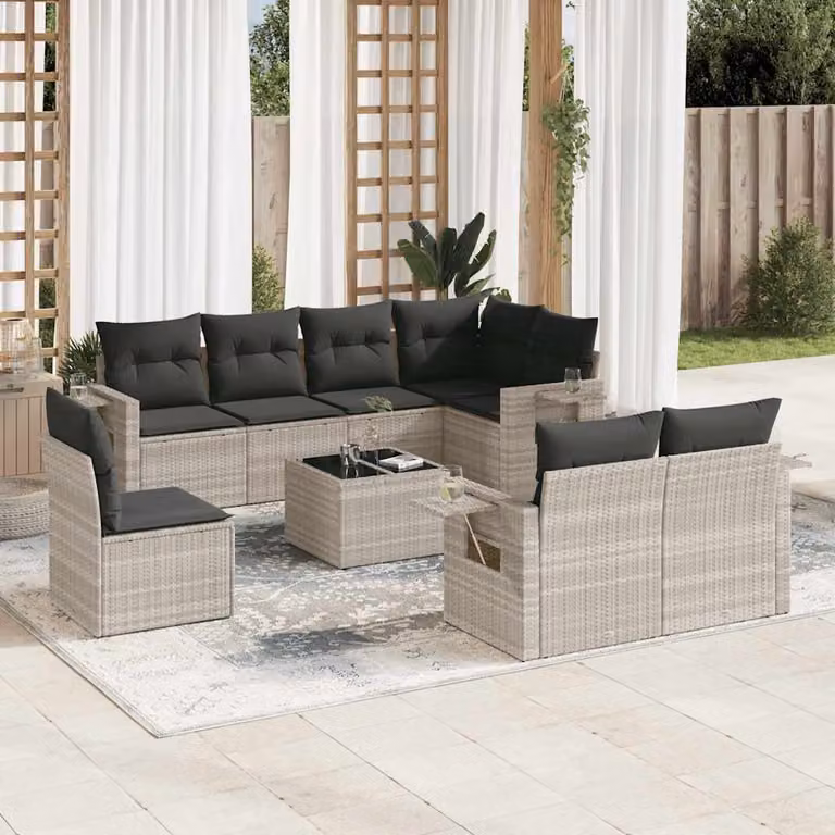 vidaXL Set Divano da Giardino a L in Polyrattan Grigio con 9 Pezzi e Cuscini Imbottiti