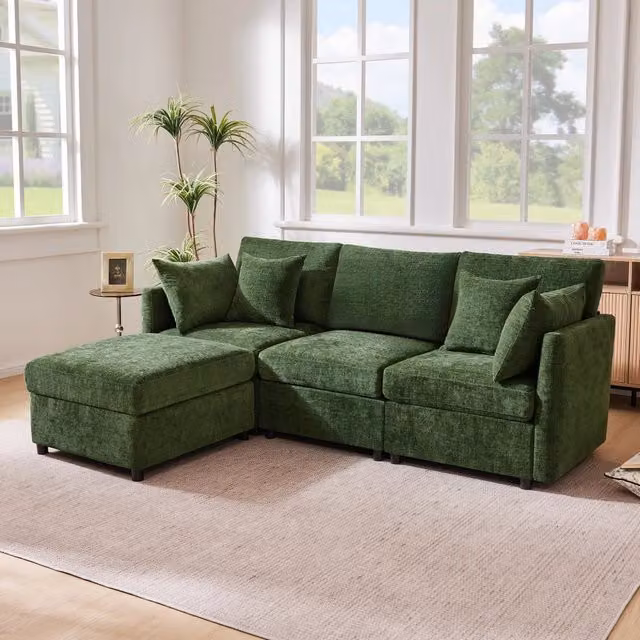 Divano angolare modulare 216 x 161 x 81 cm con pouf mobile; ciniglia verde
