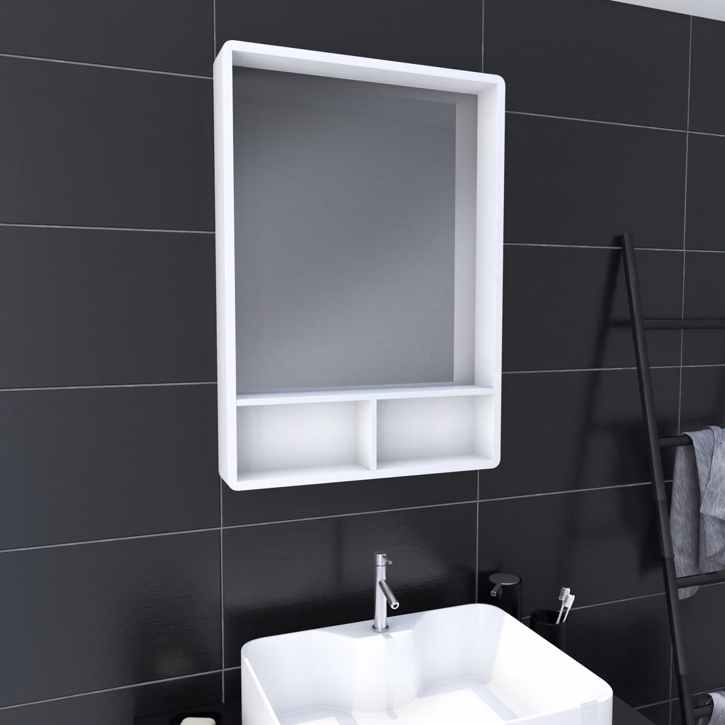 Specchio da bagno con ripiani, bianco opaco, 50x70 cm, orientabile