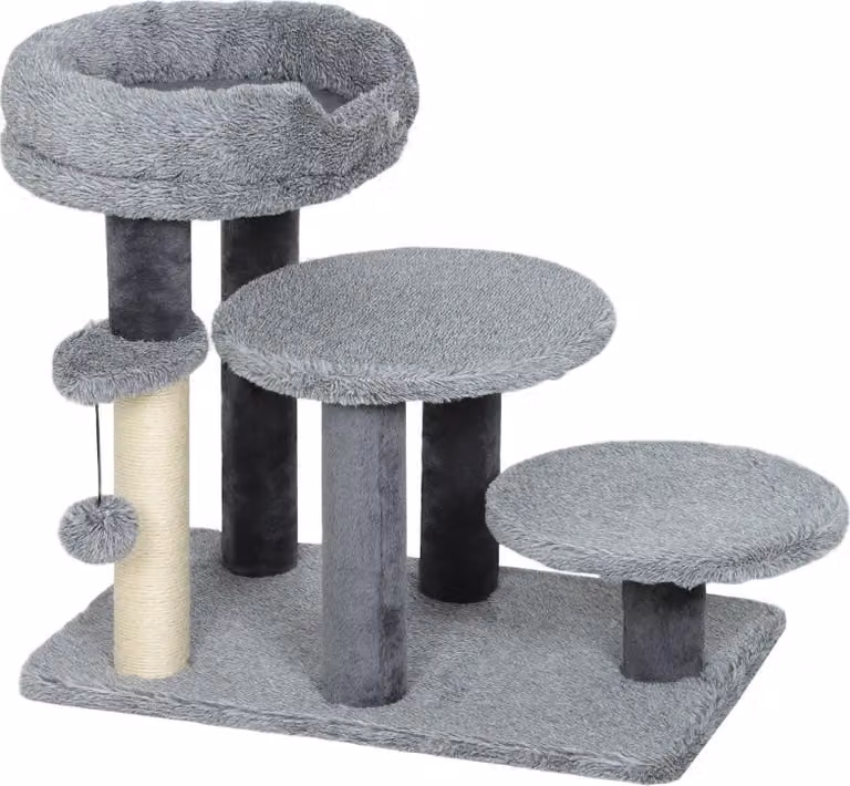 Albero per gatti Moonbite 2-in-1, con scaletta per gatti, base ampia, colonna in sisal, cuccia superiore rimovibile, pallina giocattolo, adatto a gatti fino a 6 kg, rivestito in peluche a pelo lungo, realizzato in legno, colore grigio