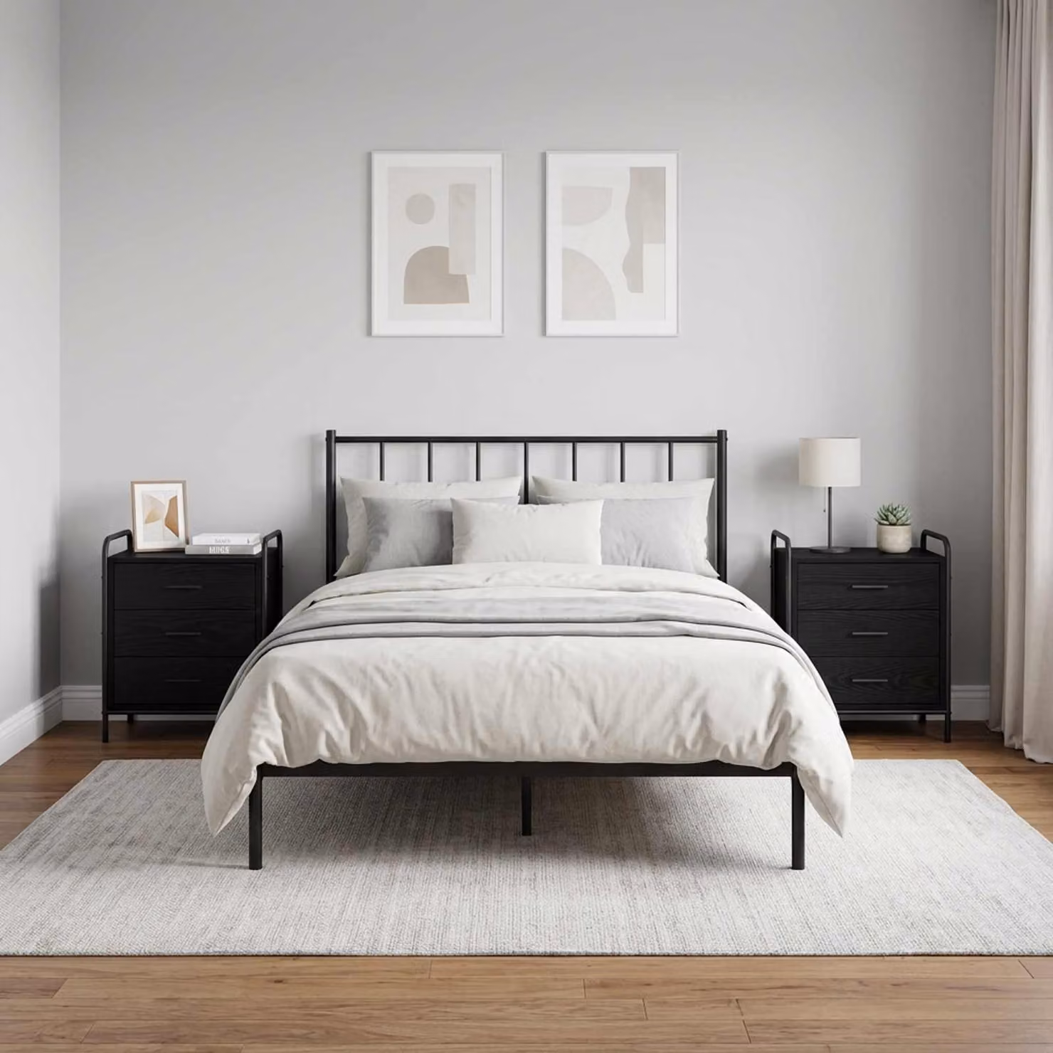 Set di 2 Armadi da Notte vidaXL Moderni in MDF e Metallo, Colore Rovere e Nero, L 48 cm x P 36,5 cm x H 60 cm