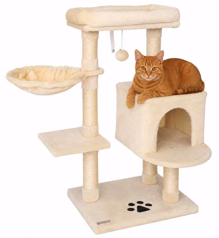 tiragraffi lionto 93 cm con grotta, abbeveratoio, palla da gioco e paletti in sisal, albero per gatti compatto, beige