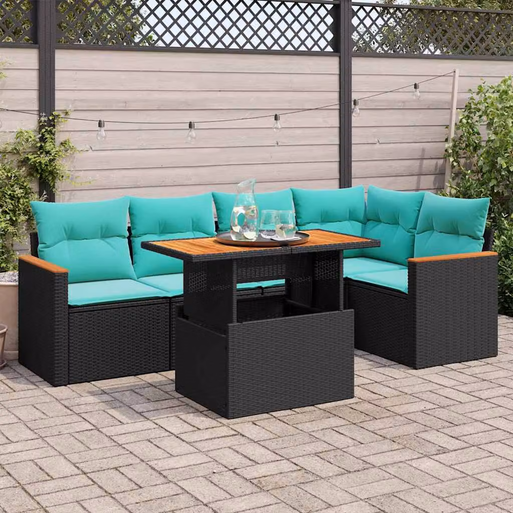 Set Divano da Giardino a L vidaXL in Polyrattan Nero con Cuscini Blu e Tavolino da Esterno