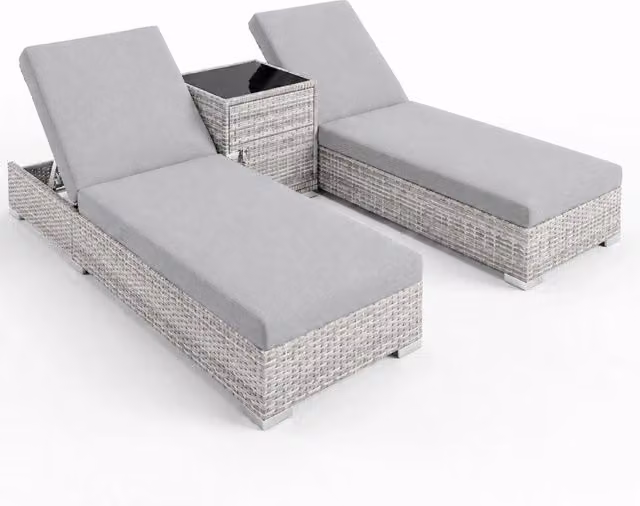 Set 2 Lettini Prendisole In Polyrattan Con Tavolino Contenitore E Cuscini Schienale Regolabile 5 Posizioni Sdraio Da Giardino Terrazzo Piscina Relax Outdoor Arredo Esterno 184 x 60 x 21 Cm Grigio Chiaro