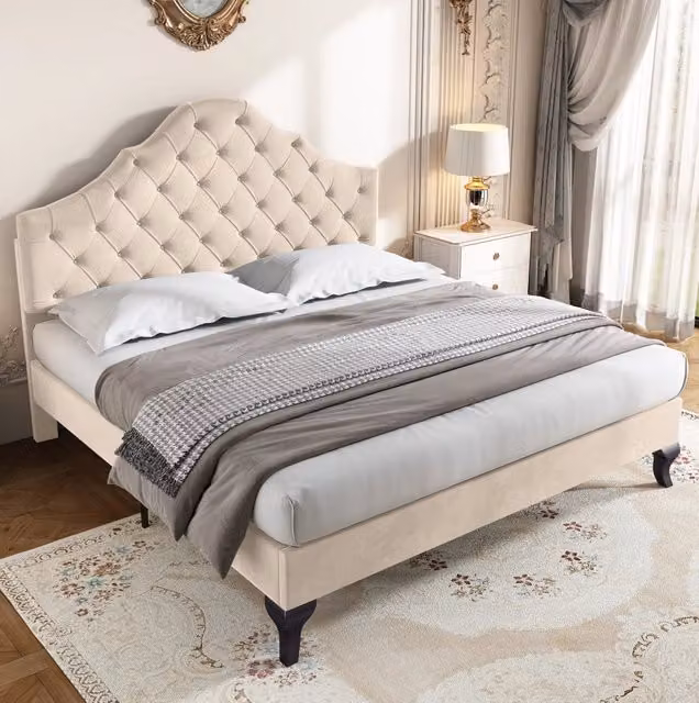 Letto imbottito beige 140x190 cm con sommier a doghe in legno e testiera regolabile in altezza