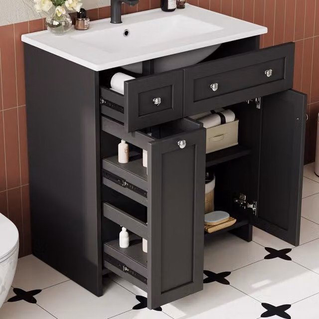 Mobile Sottolavabo ¨C Minimal ¨C Nero 76x47x86cm 8 Cassetti con chiusura ammortizzata, lavabo in ceramica