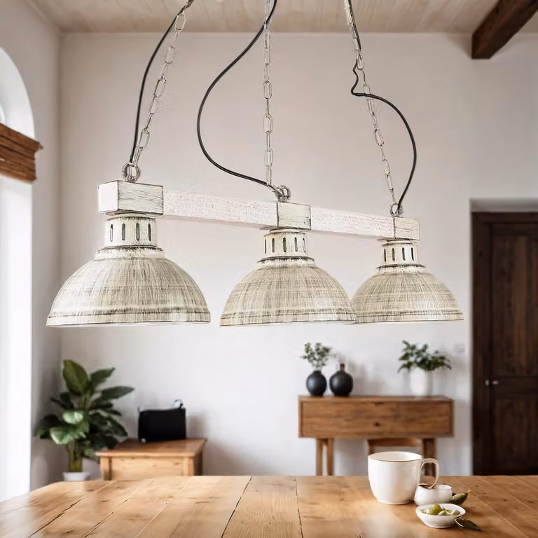 Lampada a sospensione vintage "Hakon" in metallo legno shabby bianco E27 a 3 luci soggiorno sala da pranzo
