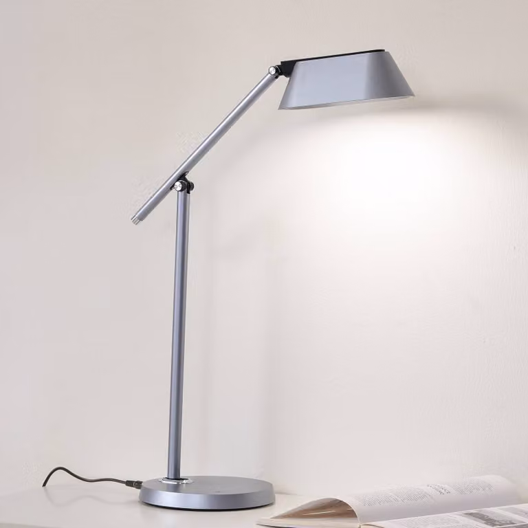 Lampada da scrivania Thies Lindby, dimmerabile, Alluminio / Grigio / Zincato, Studio / Ufficio, Plastica, Moderno, Lampada da tavolo LED