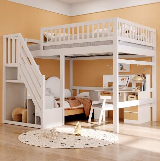 Letto in legno 140x200 cm con scala contenitore e sponda alta; bianco