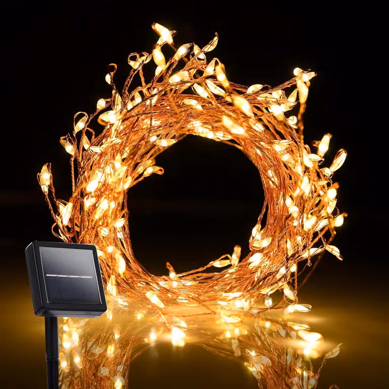 Catena luminosa solare con 300 LED, luce bianco caldo, lunghezza 6 metri, 8 modalità, impermeabile