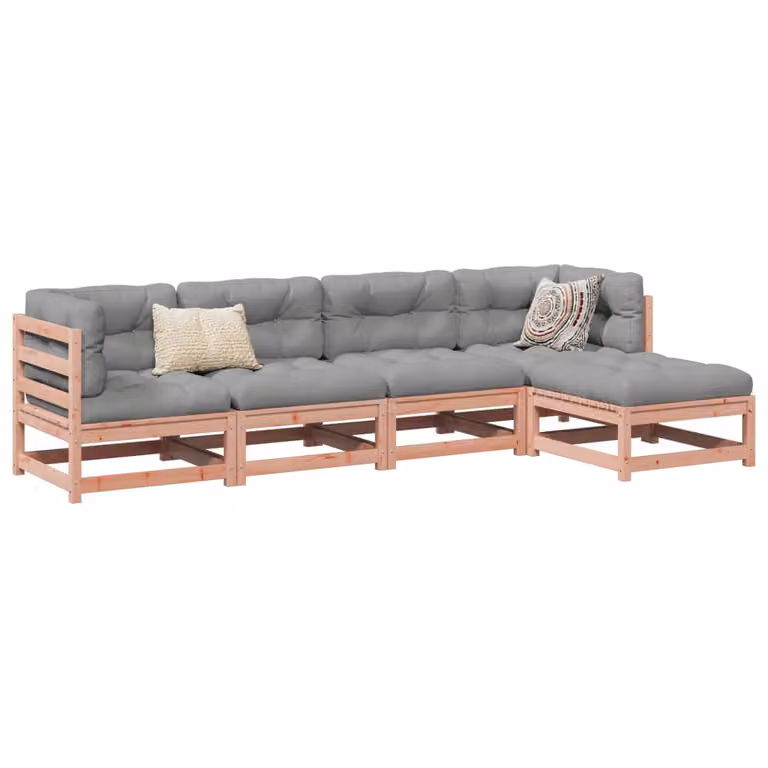 Set di Divani da Giardino vidaXL 5 pz in Legno Massello con Cuscini, Composizione a L con Pouf, Colore Marrone e Grigio