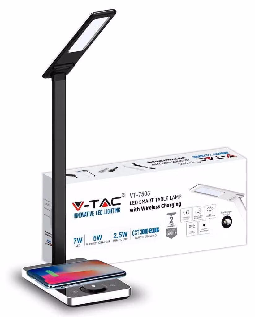V-TAC VT-7505 Lampada da tavolo LED 7W multifunzione colore luce 3in1 dimmerabile con base ricarica wireless corpo nero - SKU 218602