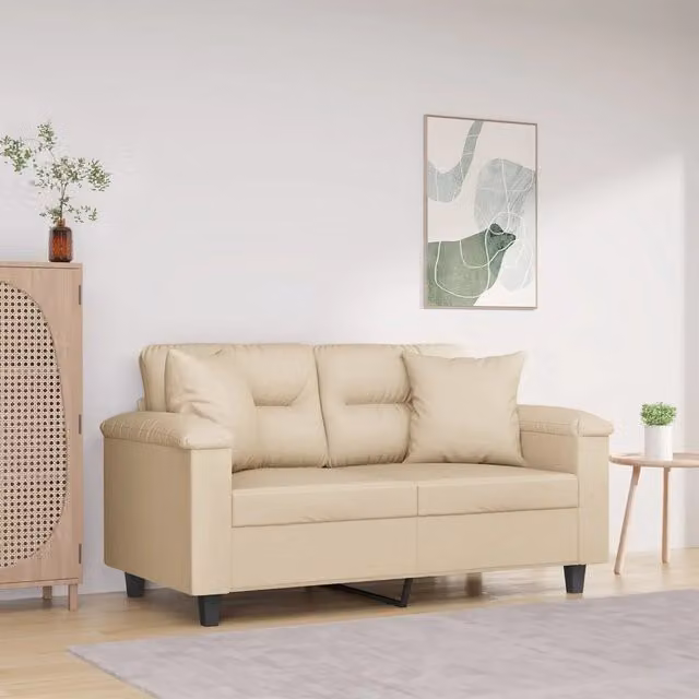 Divano a 2 Posti con Cuscini-Sofa 2 Posti con Cuscini Crema 120 cm Tessuto Microfibra