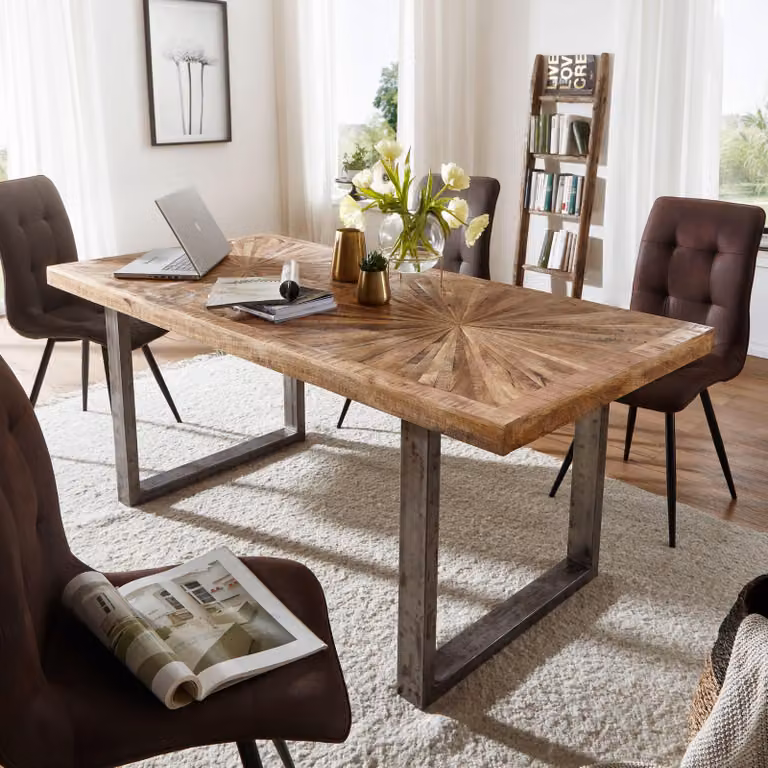 FineBuy Tavolo da pranzo in legno massiccio di mango 200cm rettangolare - Tavolo industriale per sala da pranzo con solida base a slitta - Tavolo in legno con struttura in metallo - Tavolo rustico da cucina