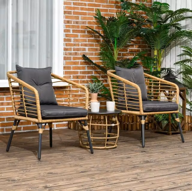 Set bistrot da esterno 3 pezzi in rattan PE e acciaio; color sabbia